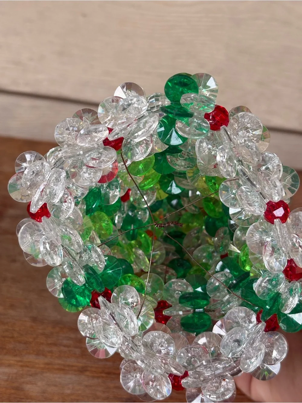 VTG handcrafted beaded Christmas tree decor, from the 1980s or 1990s.